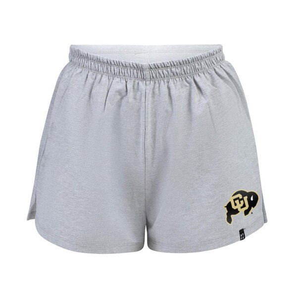 This is a pair of heather grey soffee shorts. There is a black and gold CU Buffalo logo on the left leg.